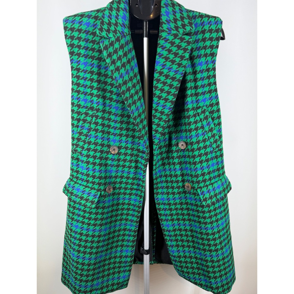 Future Collective Green Blue Houndstooth Longline Vest Double Breasted S - Picture 2 of 9